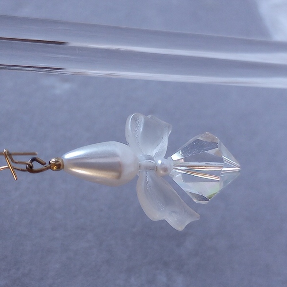 Elegant Pearl Frosted Glass Bow Aurora Borealis Crystal 2in Drop Earrings